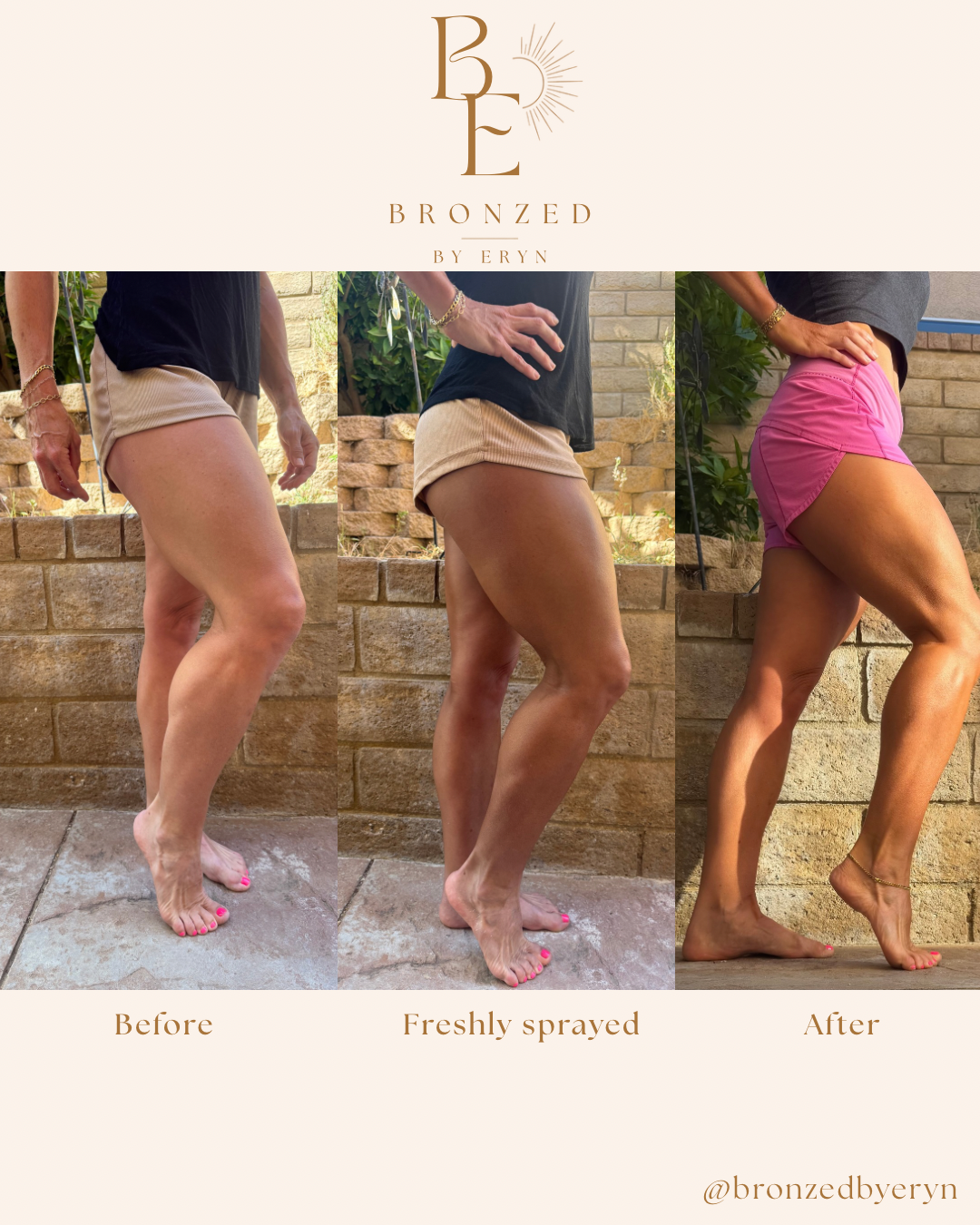 Before, freshly sprayed, and after spray tan result